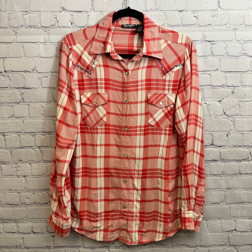 Wrangler Retro Red Plaid Pearl Snap Long Sleeve Shirt Medium Western Cowgirl - Picture 2 of 9
